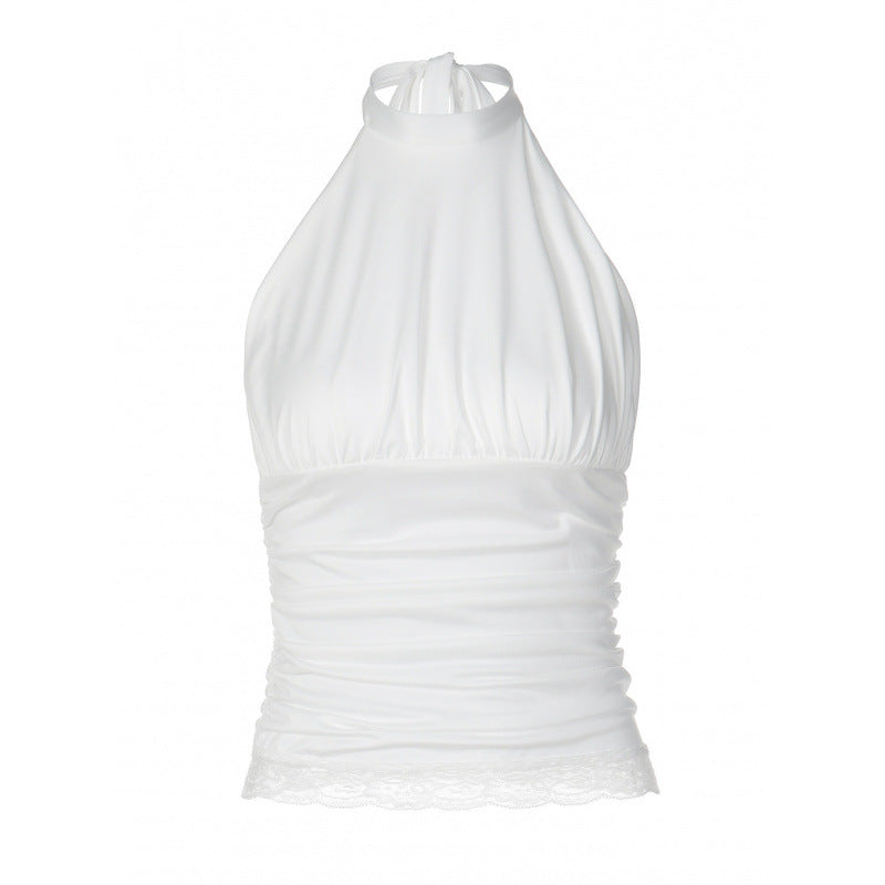 Damen Elegantes Haltertop mit Rüschen und Spitzenabschluss EB