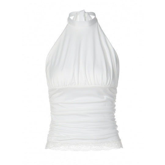 Damen Elegantes Haltertop mit Rüschen und Spitzenabschluss EB