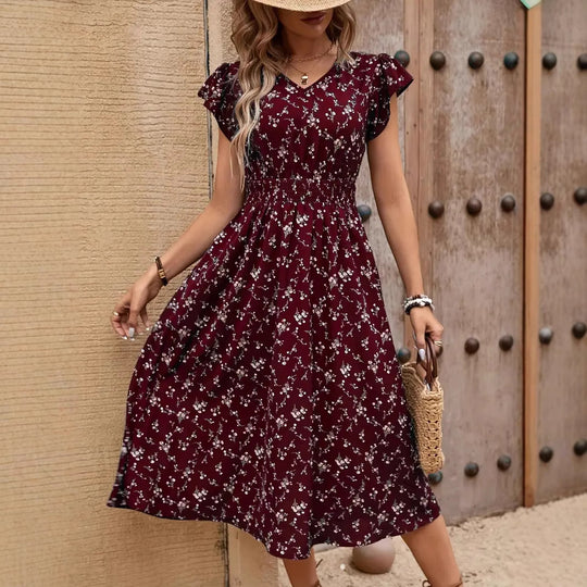 Damen Midikleid mit elastischem Tailleneinsatz und Rüschenärmeln EB