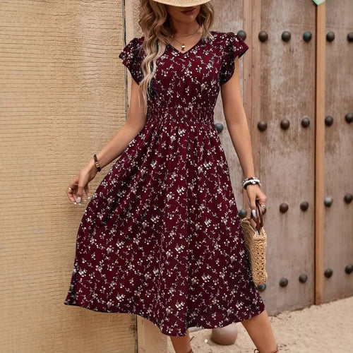 Damen Midikleid mit elastischem Tailleneinsatz und Rüschenärmeln EB