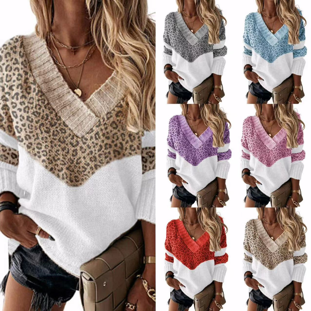 Damen Modischer Pullover mit einzigartigem Leopardenmuster und V-Ausschnitt EB
