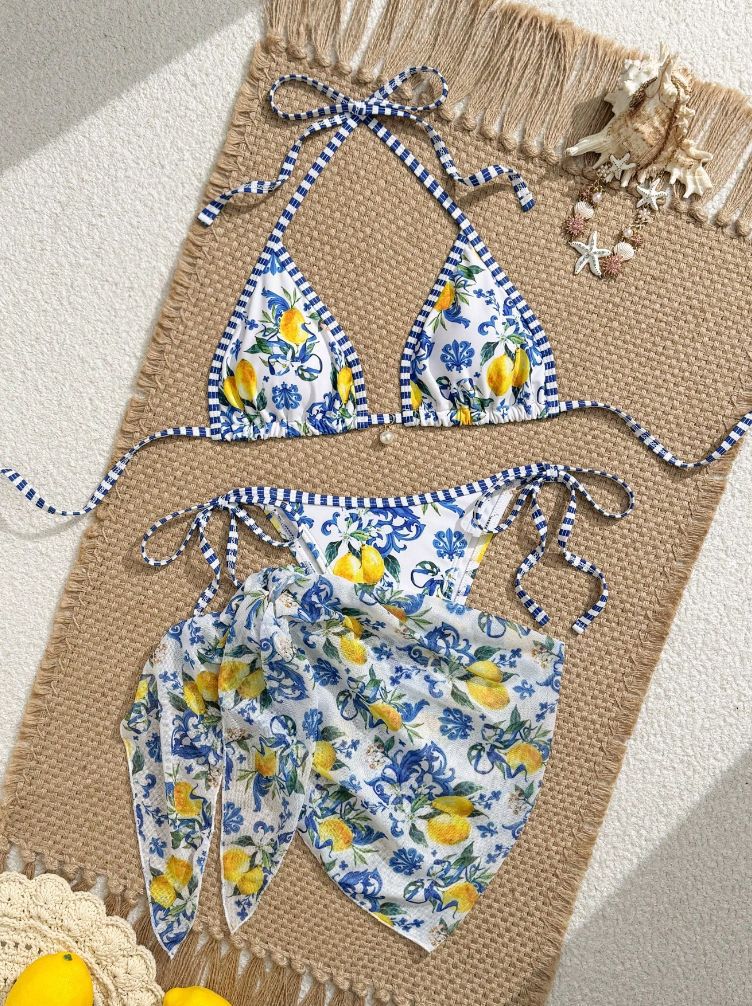 Damen Triangel-Bikini mit floralem Muster und verspieltem Pareo EB