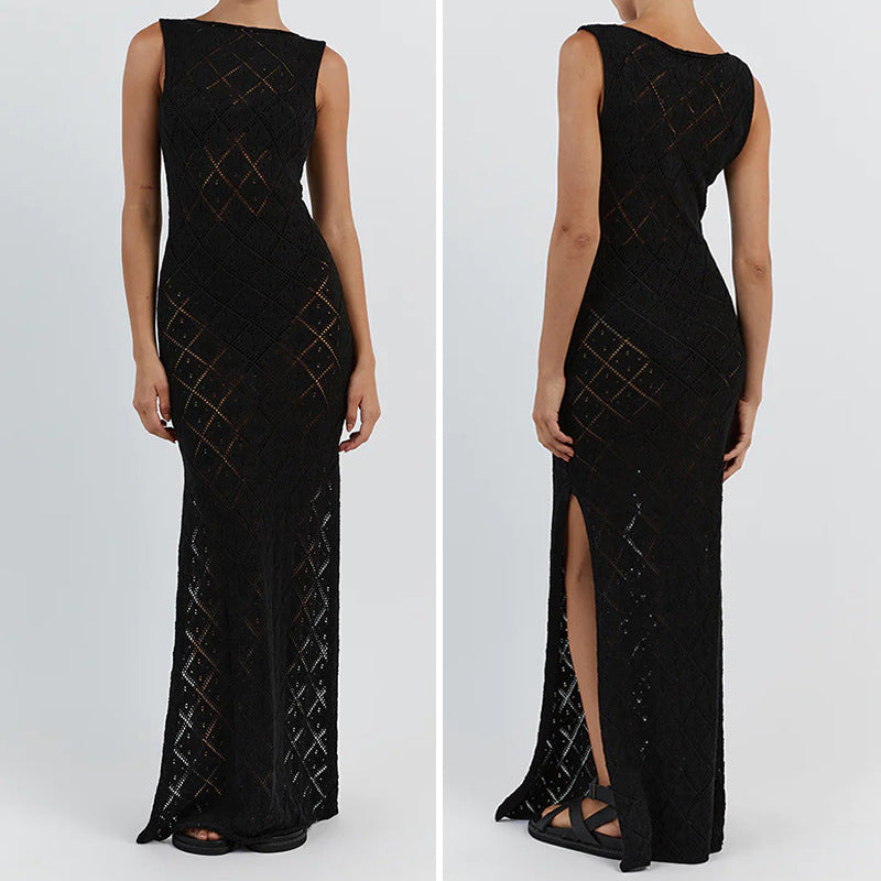Damen Häkelkleid mit kreativem Rautenmuster und ärmellosem Schnitt EB