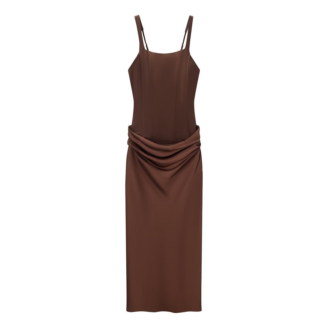 Damen elegantes Midikleid mit raffinierten Drapierungen und verstellbaren Spaghettiträgern EB