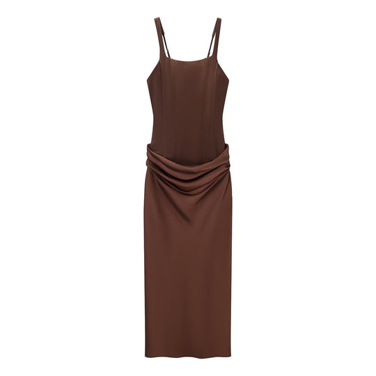 Damen elegantes Midikleid mit raffinierten Drapierungen und verstellbaren Spaghettiträgern EB