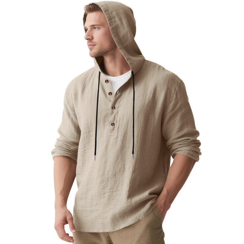 Herren nan lässiges Kapuzen-Henley Leinenmix Overshirt mit Kordelzug EB