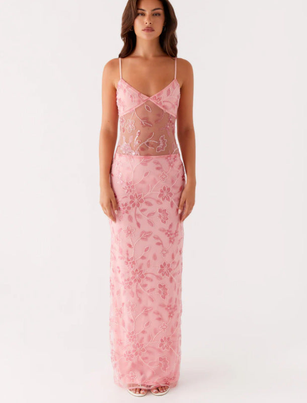 Damen Elegantes Maxikleid mit transparenten Spitzenakzenten und floralen Verzierungen EB
