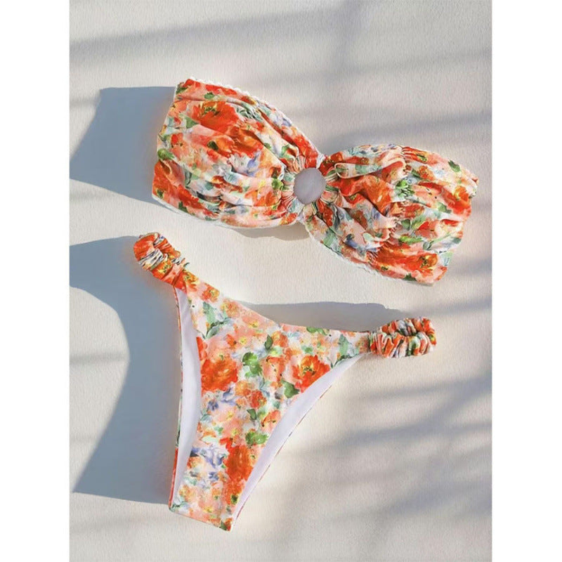 Damen Bandeau-Bikini mit romantischem Rüschendesign und verführerischem Blumenmuster EB