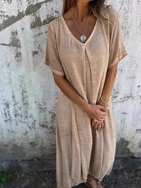 Damen lässiges Maxikleid aus leichtem Stoff mit V-Ausschnitt und kurzem Arm EB