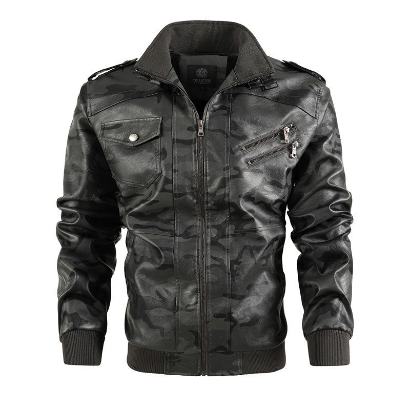 Herren Camouflage Kunstleder Biker-Blouson mit Schulterklappen, Reißverschluss‑Detail und Rippbündchen EB