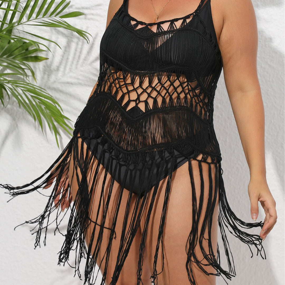 Damen Häkel-Strandüberwurf mit fransigem Design EB