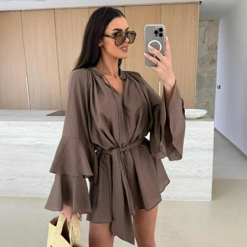 Damen lässiges Kaftan-Kleid mit voluminösen Ärmeln und Taillengürtel EB