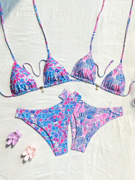 Damen Triangel-Bikini-Set mit verstellbaren Trägern und buntem Muster EB