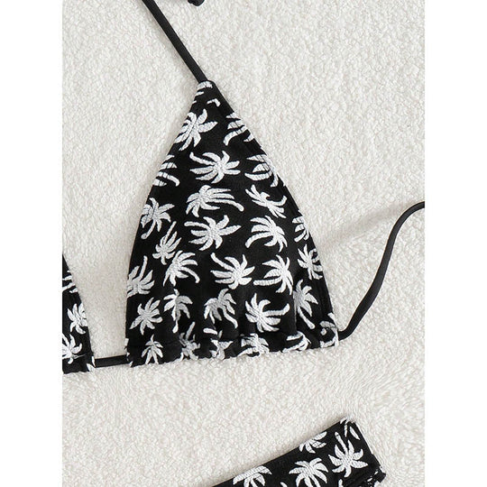 Damen Triangel-Bikini mit fröhlichem Palmenmuster und hohem Beinausschnitt EB