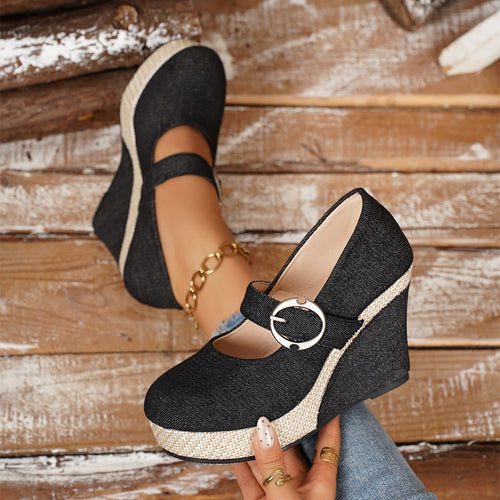 Damen Wedge-Pumps mit schnallenverziertem Fesselriemen und geflochtenem Absatz EB