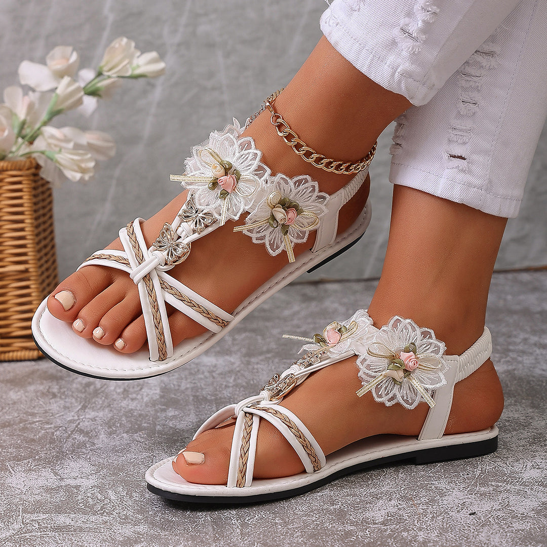 Damen elegante Riemchen-Sandalen mit floralem Design EB