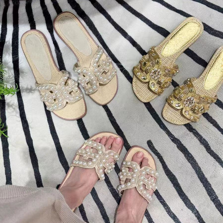 Damen modische Sandalen mit perlverzierten Riemen EB
