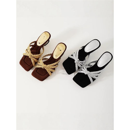 Damen elegante Mules mit geflochtenen Riemen EB