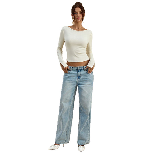 Damen geripptes Waffelstrick-Longsleeve mit U-Boot-Ausschnitt, figurbetonter Passform und Spitzenmanschetten Eichborn Berlin