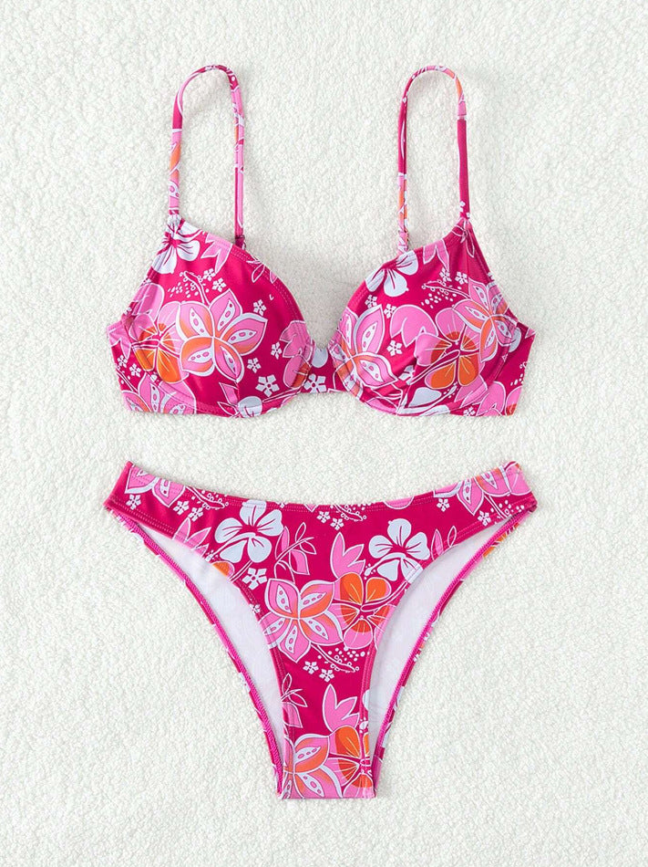 Damen gepolsterter Triangel-Bikini mit floralem Design und verstellbaren Trägern EB
