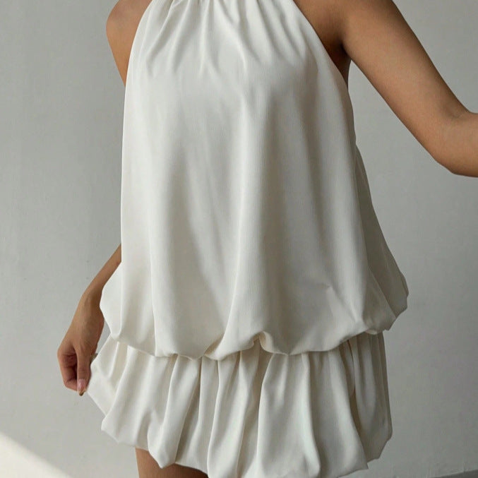 Damen sommerliches Minikleid mit haltem Kragen und asymmetrischem Design EB