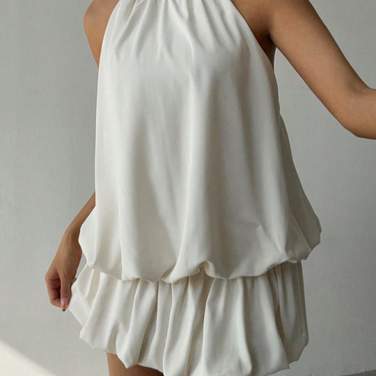 Damen sommerliches Minikleid mit haltem Kragen und asymmetrischem Design EB