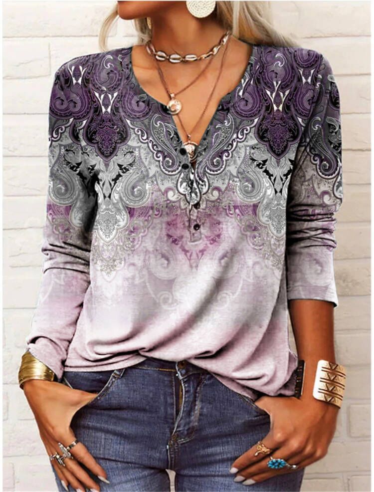 Damen langärmliges Casual-Shirt mit verspieltem Muster EB
