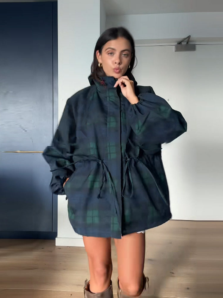 Damen Oversized Jacke im lässigen Karo-Design mit praktischen Taschen und Taillenzug EB