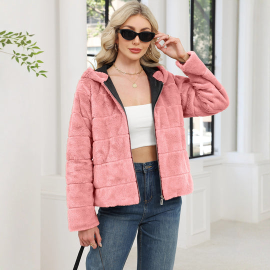 Damen Kuschelige Oversized-Fleecejacke mit Reißverschluss und Kapuze EB