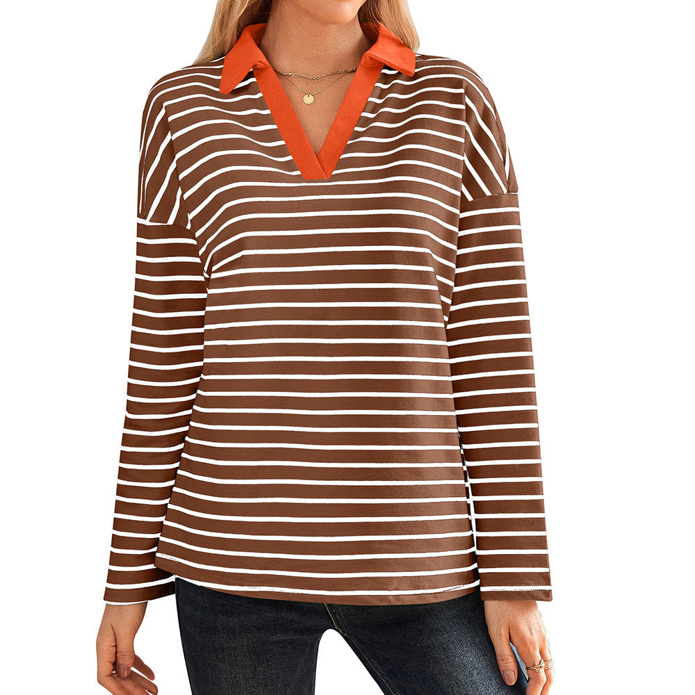 Damen gestreiftes Polo-Shirt mit V-Ausschnitt und kontrastierendem Kragen EB
