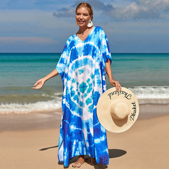 Damen Strandkleid mit buntem Batikdesign und weit geschnittenen Ärmeln EB