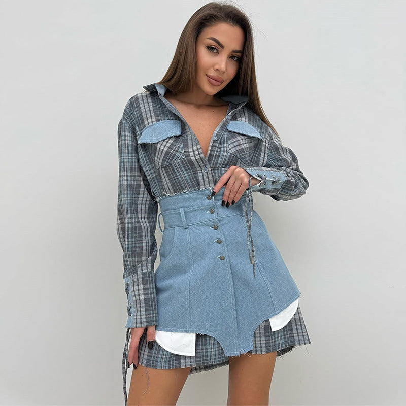 Damen modisches Hemdblusenkleid mit Denim-Elementen EB