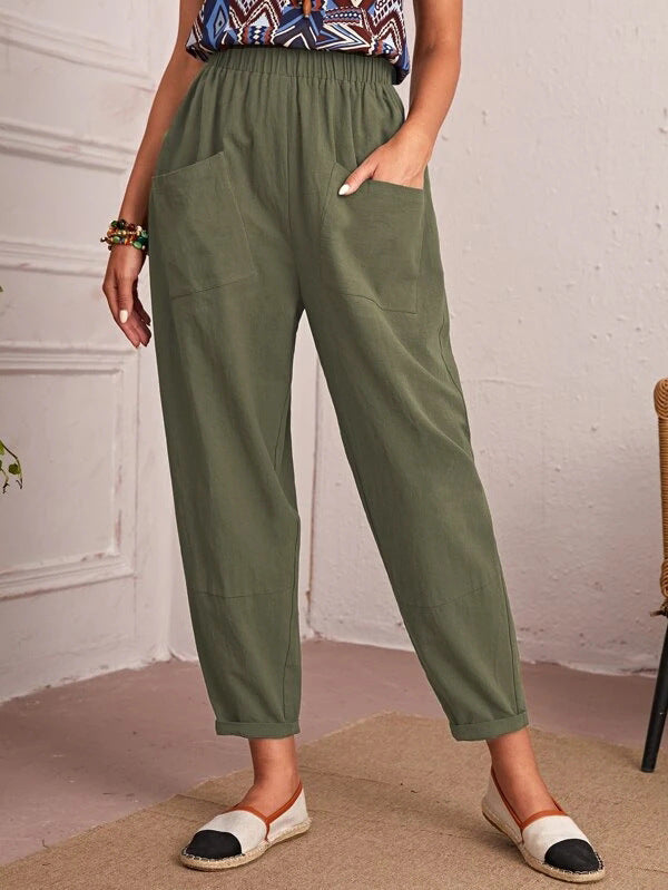Damen lockere Komfort-Hose mit elastischem Bund und großen Taschen EB