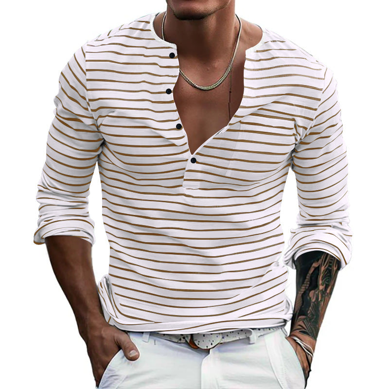 Herren nan gestreiftes Langarmshirt mit kurzer Knopfleiste, Rundhalsausschnitt und dezenter Brusttasche EB