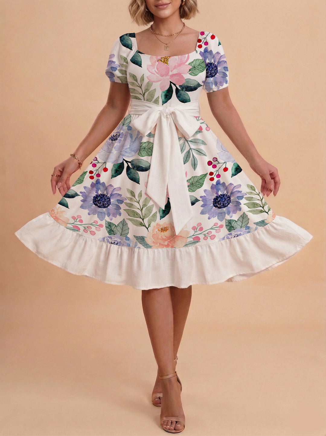 Damen Midi Kleid mit elegantem Blumendruck und tailliertem Gürtel EB