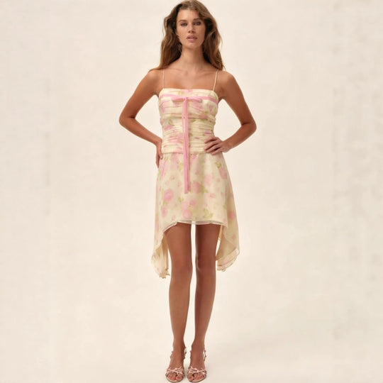 Damen Flower-Print Mini-Kleid mit asymmetrischem Saum und eleganter Raffung EB