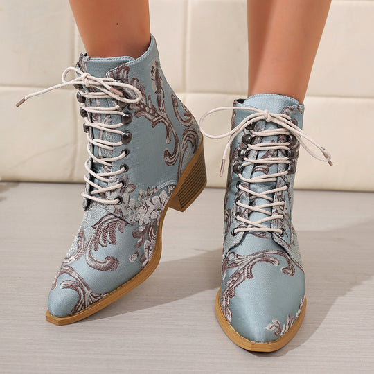 Damen bestickte Schnür-Stiefelette mit Jacquard-Brokatmuster und niedrigem Blockabsatz EB