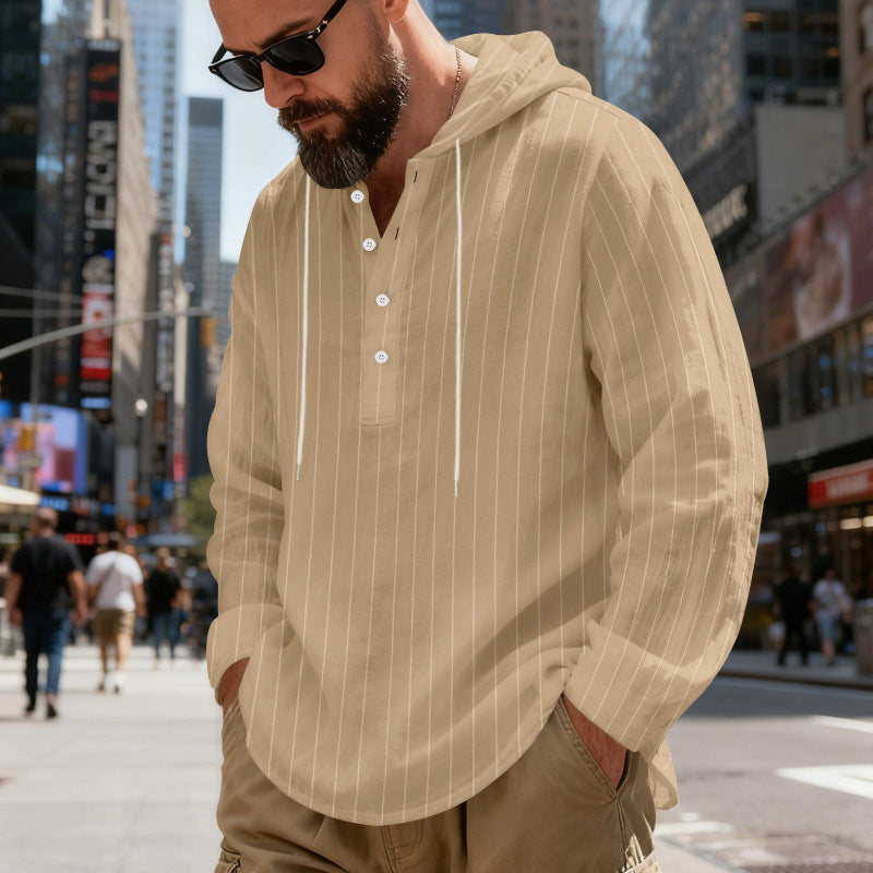 Herren nan gestreiftes Henley-Kapuzenhemd mit Langarm, lockerem Schnitt und Kordelzug EB