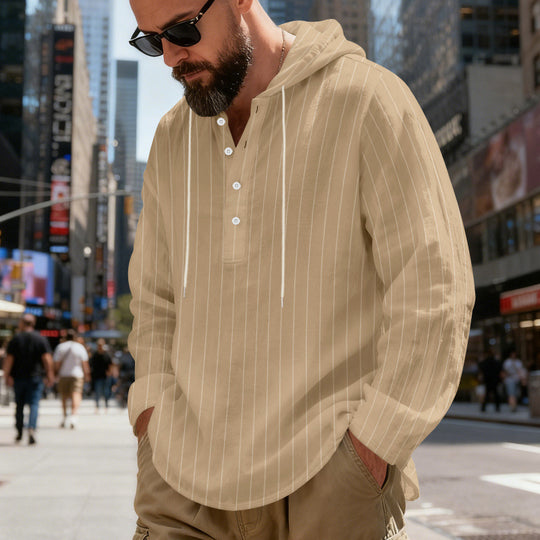 Herren nan gestreiftes Henley-Kapuzenhemd mit Langarm, lockerem Schnitt und Kordelzug EB