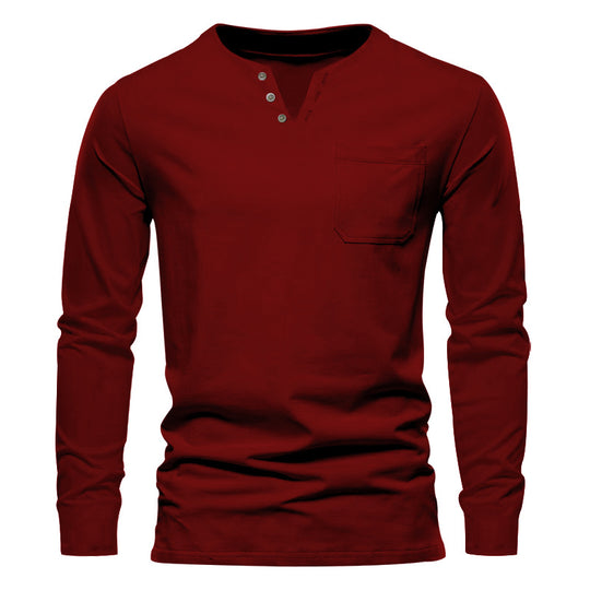 Herren nan modernes Henley-Langarmshirt mit asymmetrischer Knopfleiste und Brusttasche EB