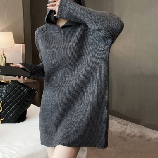 Damen Pulloverkleid mit Kapuze und Rippstruktur EB