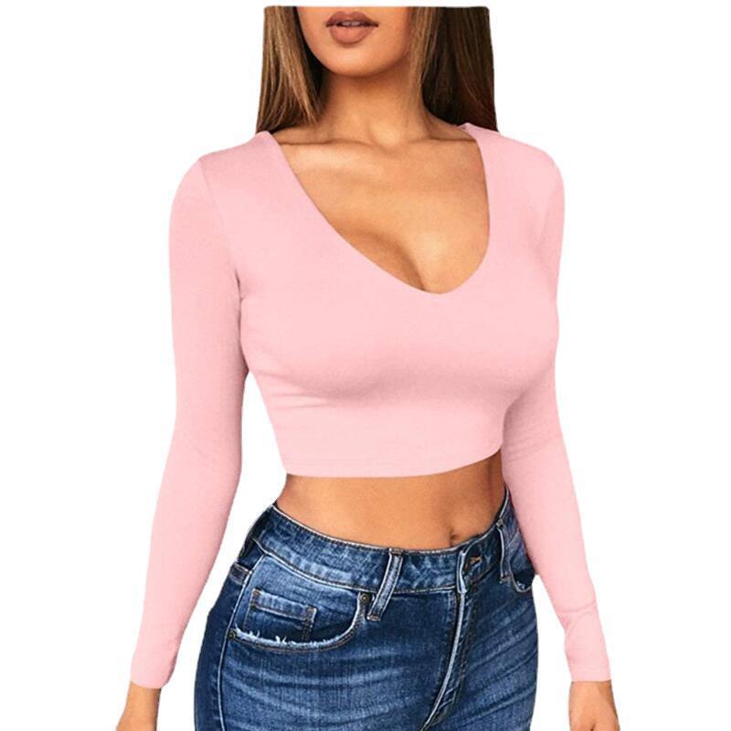 Damen modisches Crop-Top mit tiefem V-Ausschnitt und langen Ärmeln EB