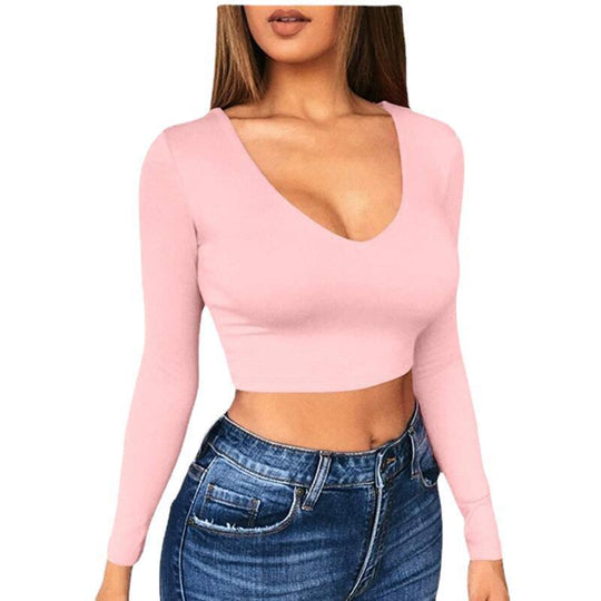 Damen modisches Crop-Top mit tiefem V-Ausschnitt und langen Ärmeln EB