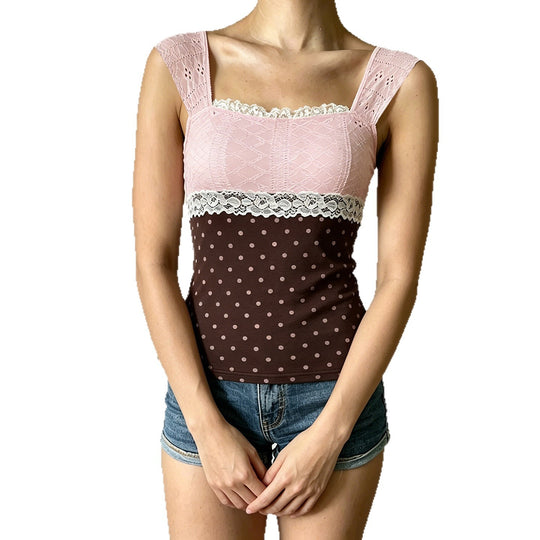 Damen Wunderschönes Oberteil mit Spitze und Punkte-Design EB