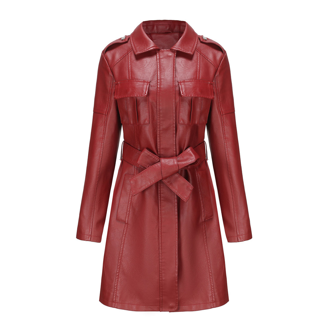 Damen nan langer Kunstleder-Trenchcoat mit Taillengürtel und Schulterriegeln EB