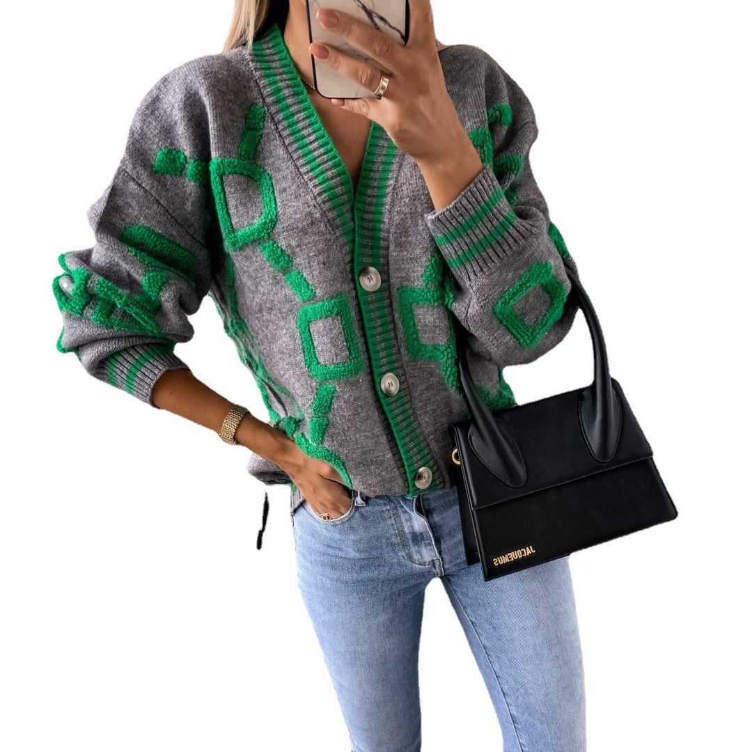 Damen modische Strickjacke mit grafischem Design EB