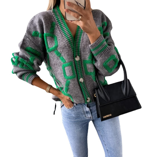 Damen modische Strickjacke mit grafischem Design EB