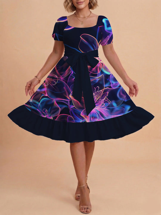 Damen Sommerkleid mit floralem Puffärmel und taillierbarem Gürtel EB