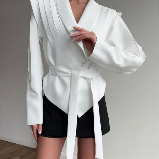 Damen Modische Blazerjacke mit asymmetrischem Schnitt und Taillengürtel EB