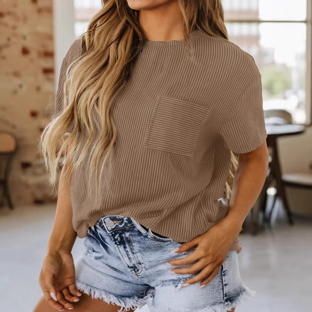 Damen lässiges Kurzarmshirt mit strukturierter Oberfläche und praktischem Brusttaschen EB